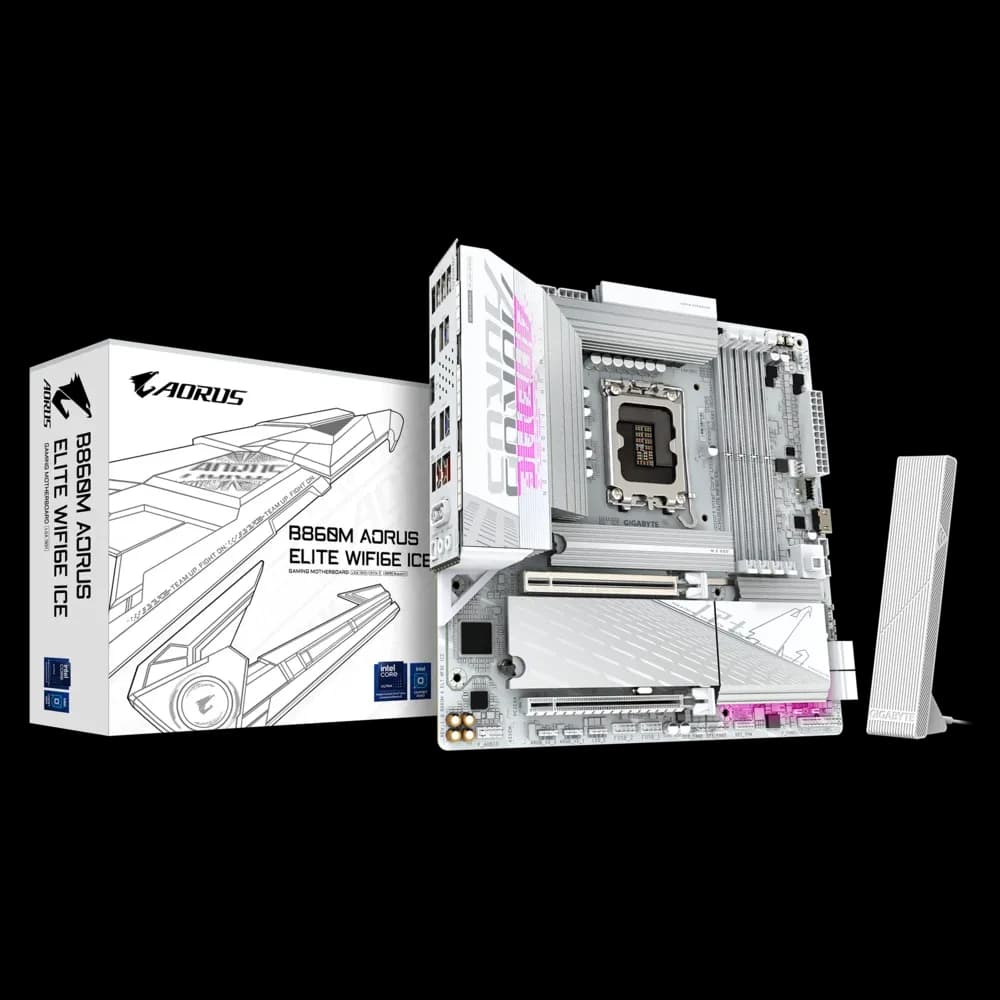 لوحة أم GIGABYTE B860M AORUS ELITE WIFI6E ICE mATX Motherboard – Intel B860, LGA 1851, DDR5, 3× M.2 (1× PCIe 5.0), Wi-Fi 6E, USB4 Type-C