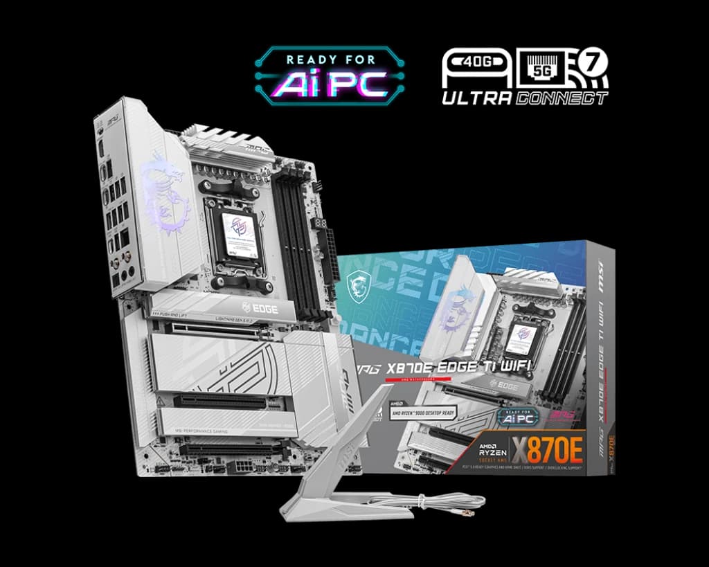 لوحة أم MSI MPG X870E EDGE TI WIFI ATX Motherboard – AM5, AMD X870E, DDR5-8400+ OC, PCIe 5.0 x16, 4× M.2 Gen5, Wi-Fi 7, 5G LAN, USB4 40 Gbps, Realtek ALC4080