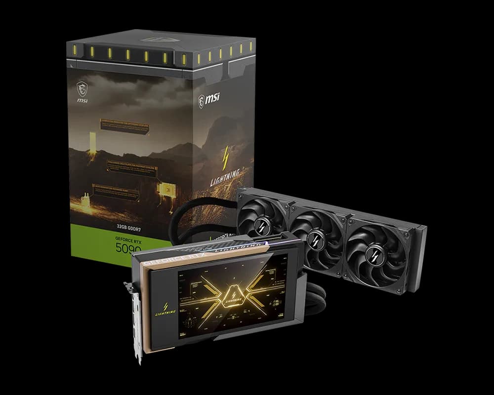 كرت شاشة MSI GeForce RTX 5090 32G LIGHTNING Z Extreme Overclocking, 32GB GDDR7, 512-bit, Liquid Cooling, 2775MHz Boost, 1000W Power, Dual 16-Pin, 8” Display, PCIe 5.0, HDMI 2.1b, DP 2.1b