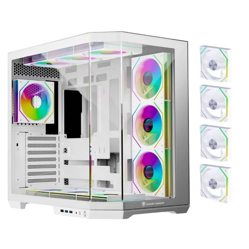 كيس كمبيوتر Jungle Leopard AS-01T متوسط الحجم ATX Gaming Case (4 Pre-Installed ARGB مراوح) – أبيض