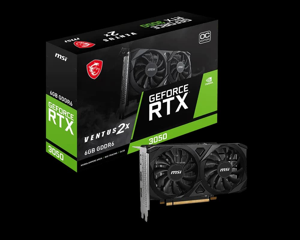 كرت شاشة MSI GeForce RTX 3050 VENTUS 2X E 6G OC – NVIDIA RTX 3050, 6GB GDDR6, PCIe 4.0 x8, Dual Fan Cooling, HDMI 2.1, DisplayPort, 4K Support, Ampere Architecture