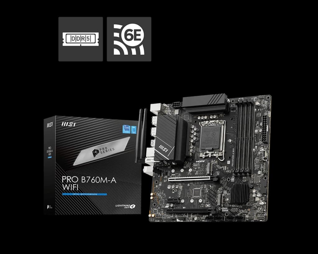 لوحة أم MSI PRO B760M-A WiFi DDR5 mATX Motherboard – LGA 1700, DDR5 5333 MHz OC, PCIe 4.0, Wi-Fi 6E, 2.5 Gb LAN