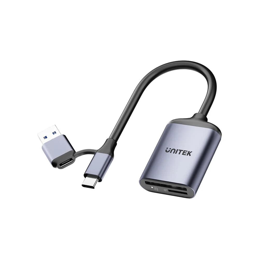 وحدة تخزين UNITEK 2-in-1 USB-C/A SD4.0 Card Reader – UHS-II 312MB/s – Dual SD & MicroSD Slots – Plug & Play – Aluminum Alloy – Compatible with USB-C & USB-A Devices