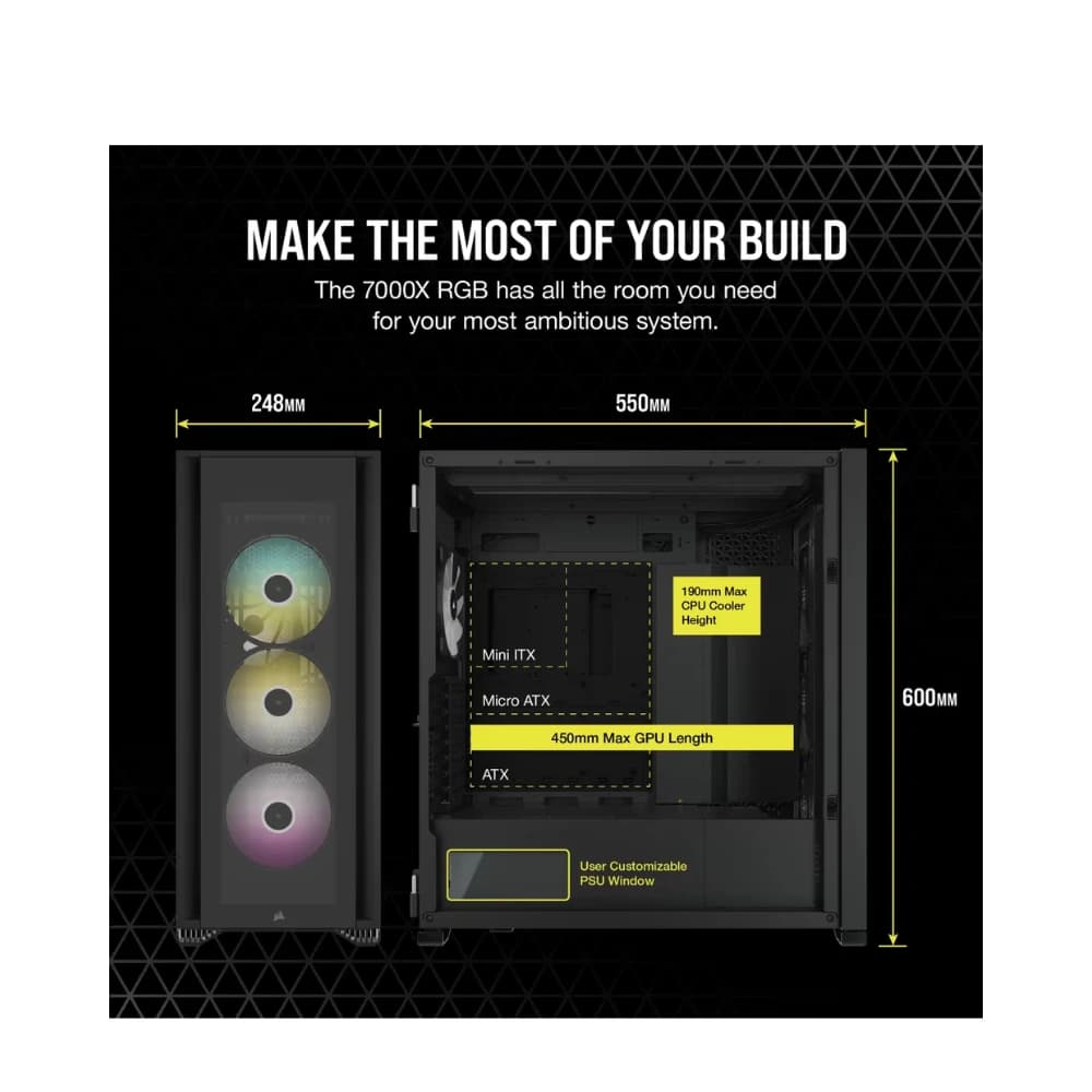 كيس كمبيوتر CORSAIR 7000X ICUE RGB كامل الحجم CASE TEMP GLASS 1+3BLACK