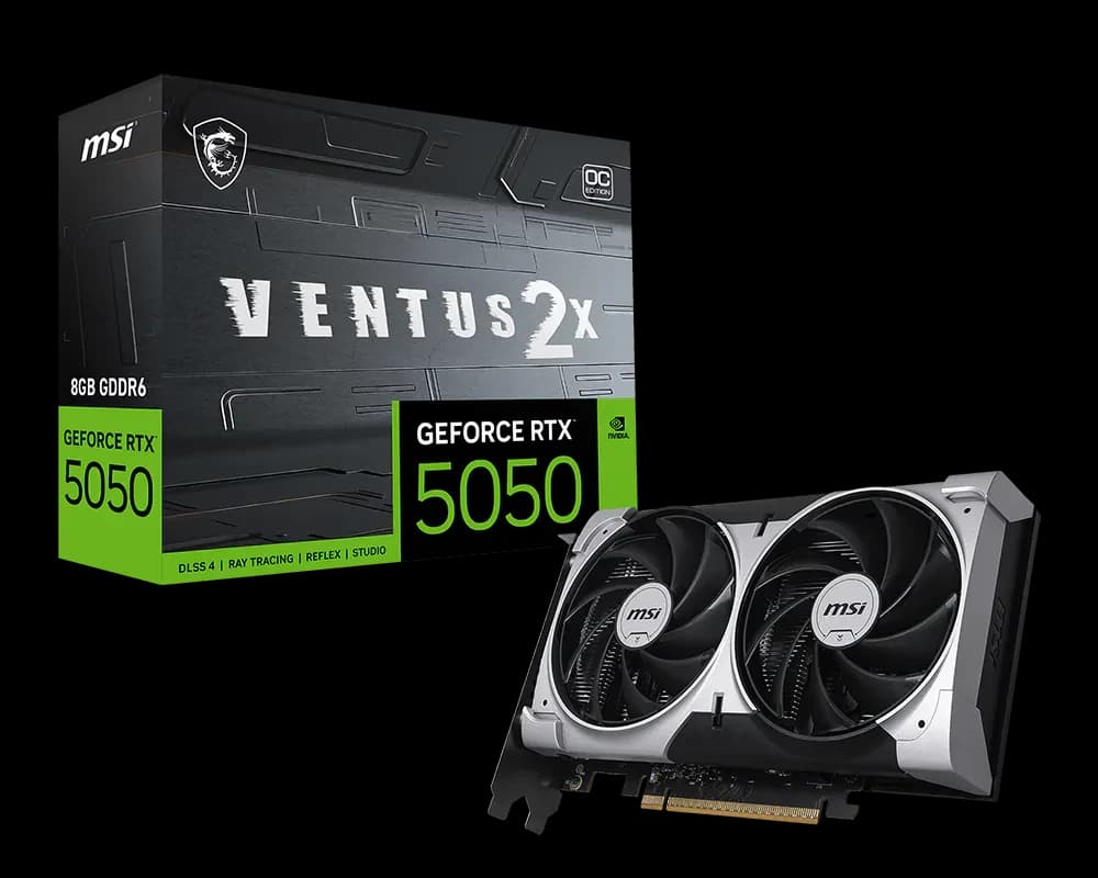 كرت شاشة MSI RTX 5050 Ventus 2X OC 8GB Gaming – Dual Fan Cooling, PCIe 5.0, DLSS 4, Ray Tracing, 8K Support