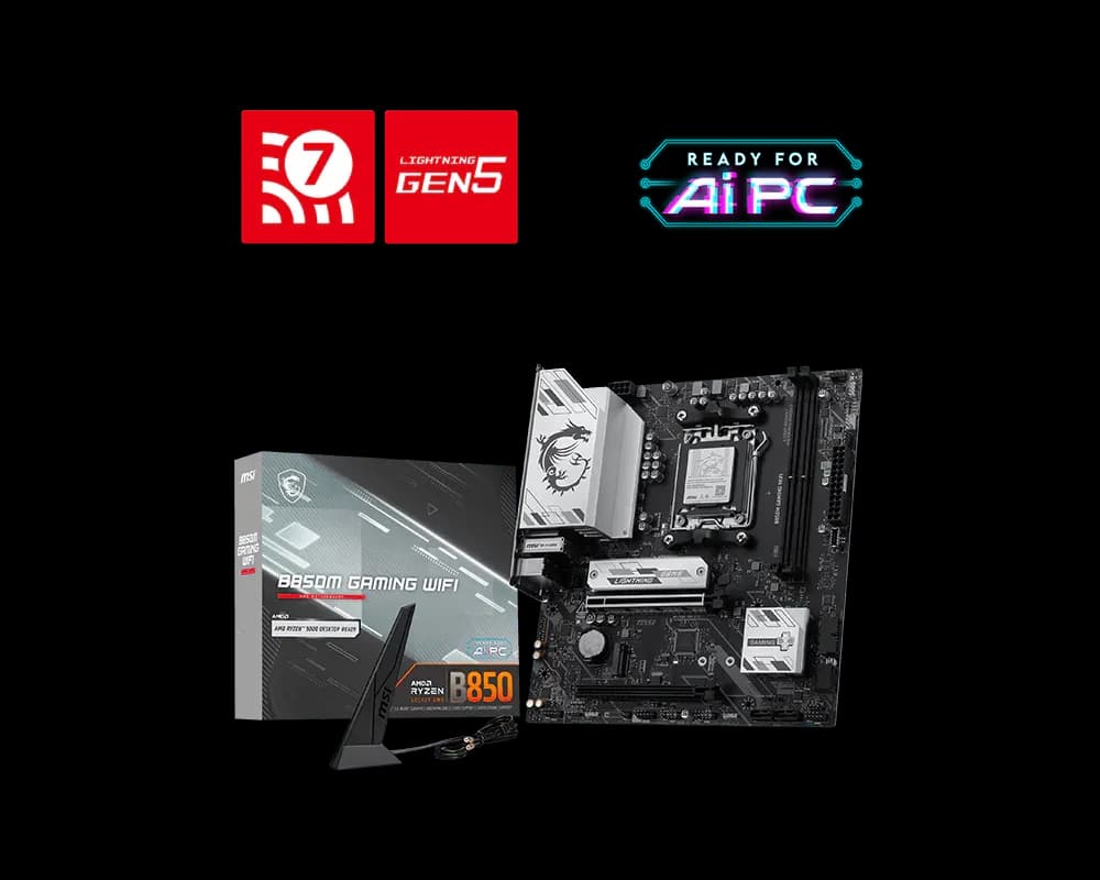 لوحة أم MSI B850M GAMING WIFI AM5 Micro-ATX Motherboard, AMD B850 Chipset, DDR5 8200+ OC, PCIe 5.0 x16, Dual M.2 (Gen5 + Gen4), Wi-Fi 7, 5G LAN, USB-C, HDMI & DisplayPort