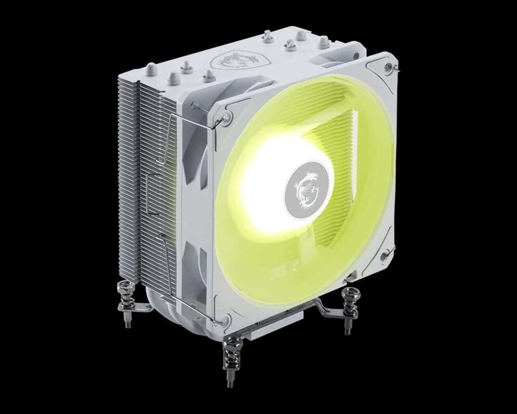 تبريد MSI MAG COREFROZR AA13 Air CPU Cooler – 120mm ARGB مروحة, 4× 6mm Direct-Touch Heat Pipes, Rifle Bearing, Compact Tower, Supports Intel LGA1700/1851 & AMD AM5/AM4 — أبيض