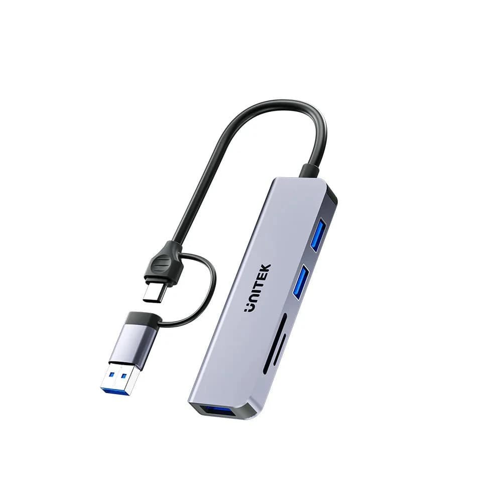 وحدة تخزين UNITEK uHUB P5+ 5-in-1 USB Hub – 3x USB-A 5Gbps Ports – SD & MicroSD Card Readers – USB-C/USB-A Dual Interface – Aluminum Alloy – Compact Design