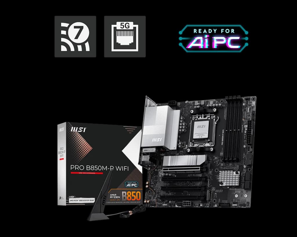 لوحة أم MSI PRO B850M-P WIFI Micro-ATX Motherboard – AM5, DDR5-8200+ OC, PCIe 5.0 x16, 3× M.2 (1× Gen5), 5 GbE LAN, Wi-Fi 7, USB4, HDMI 2.1