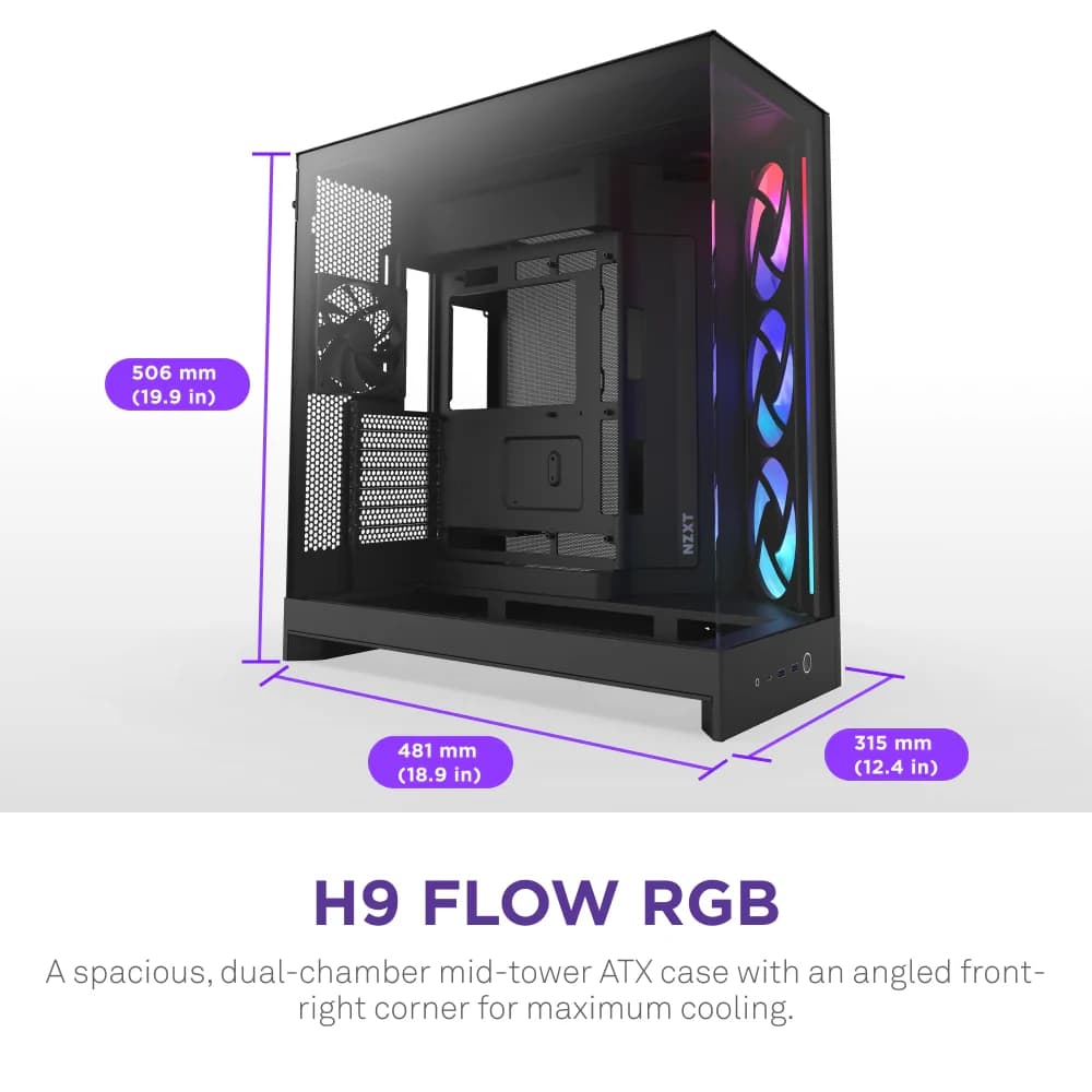 كيس كمبيوتر NZXT H9 FLOW RGB DUAL-CHAMBER متوسط الحجم Airflow أسود CASE