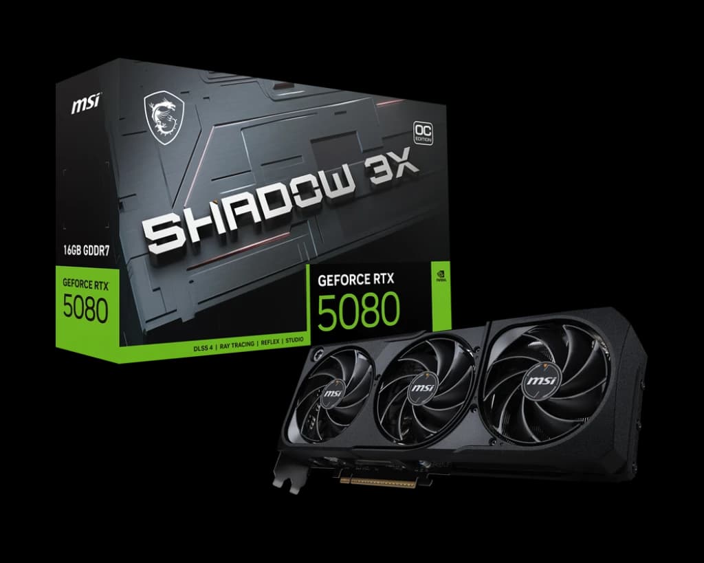 كرت شاشة MSI GeForce RTX 5080 16 GB SHADOW 3X OC – Blackwell GPU, 10,752 CUDA Cores, 2.64 GHz Boost, 30 Gbps GDDR7, PCIe 5.0, Triple Fan Cooling