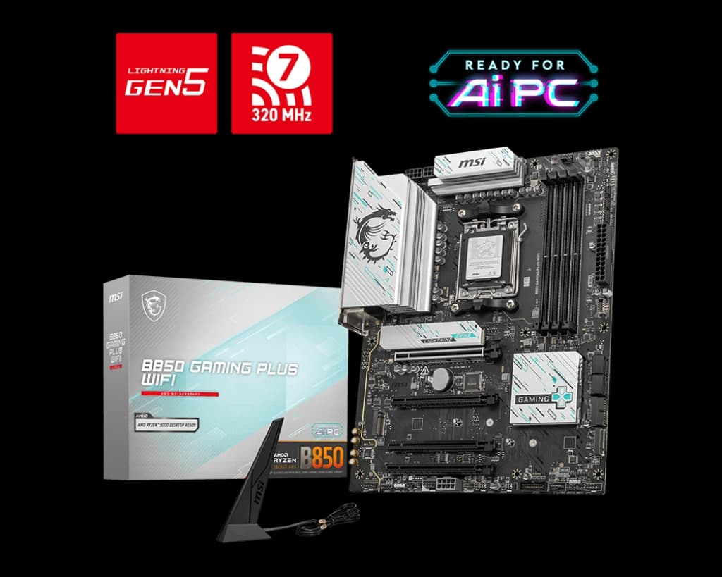 لوحة أم MSI B850 GAMING PLUS WIFI ATX Motherboard – AM5, DDR5-8200+ OC, PCIe 5.0 x16, 3× M.2 (1× Gen5), 5 GbE LAN, Wi-Fi 7, USB4, HDMI 2.1