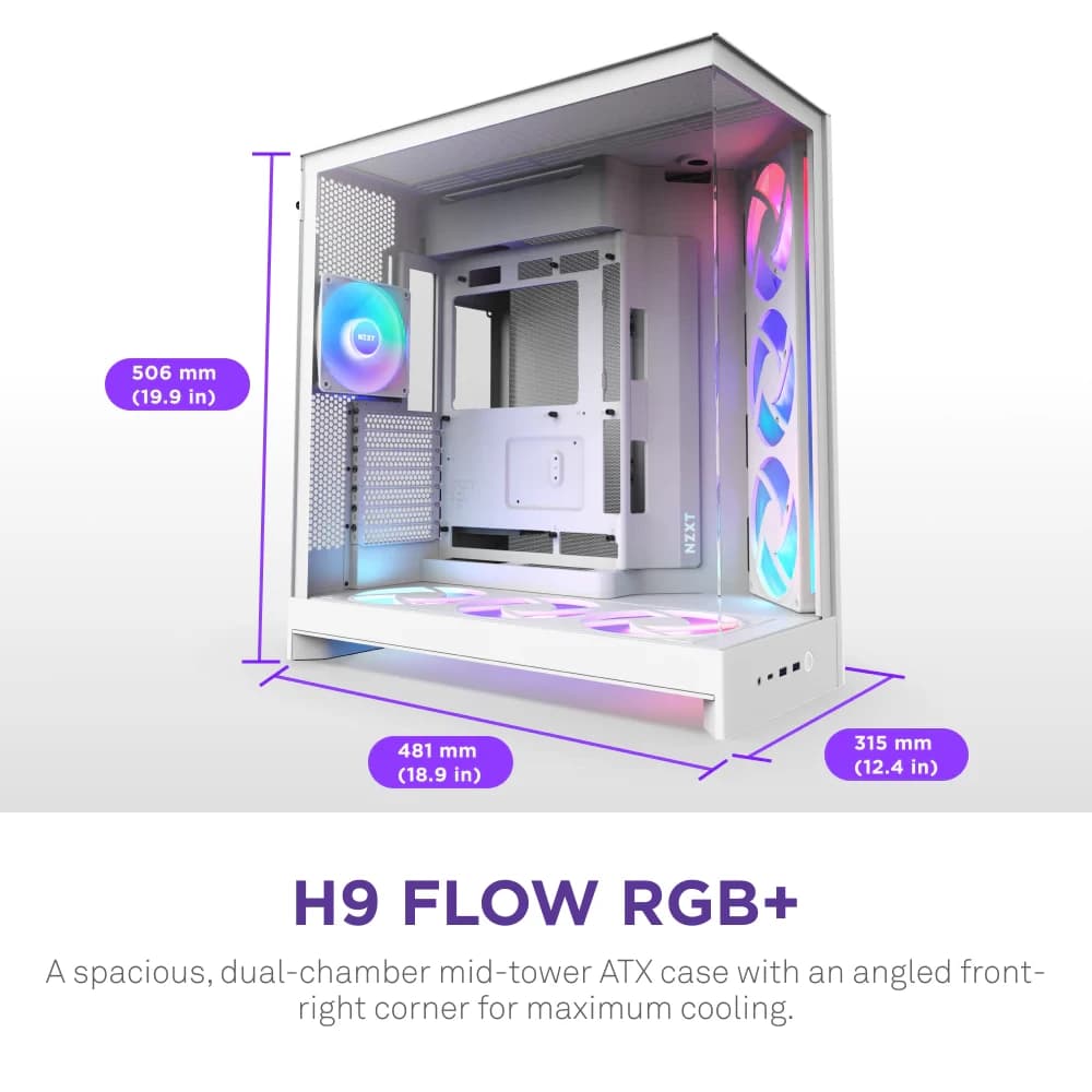 كيس كمبيوتر NZXT H9 FLOW RGB+ DUAL-CHAMBER متوسط الحجم Airflow With CONTROL HUB أبيض CASE