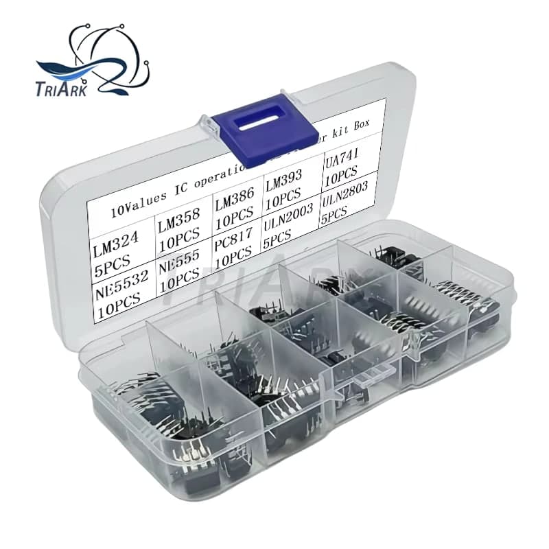 طقم رقائق إلكترونية بخمس وثمانين قطعة على عشرة أنواع شهيرة | 85 Pcs Integrated Circuit Kit: NE555, LM324, LM393, UA741, ULN2803, LM358, NE5532, LM386, PC817, ULN2003