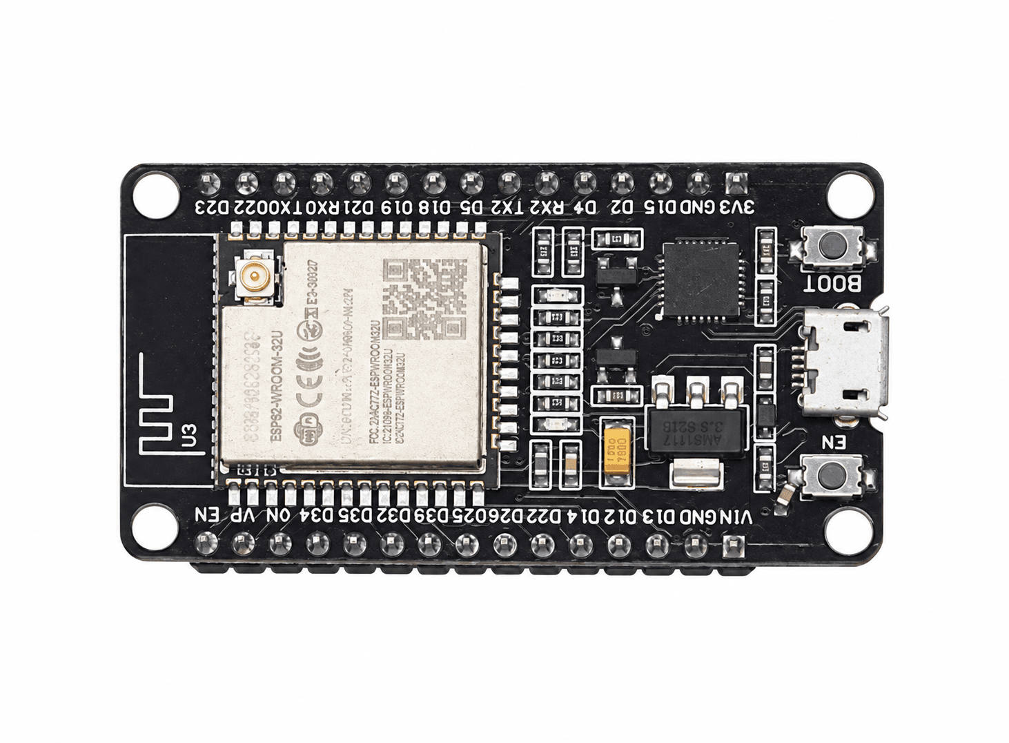 لوحة تطوير ESP-WROOM-32U بهوائي خارجي IPEX مع WiFi وBluetooth | ESP-WROOM-32U Development Board with External IPEX Antenna Connector