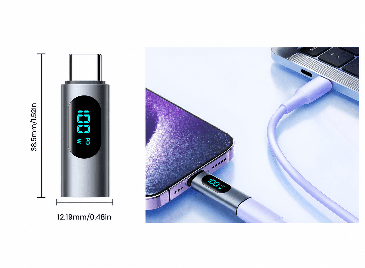 محوّل ومقياس قدرة Type-C بشاشة LED يدعم PD حتى 100W مع وظيفة OTG | LED Display PD 100W USB-C Power Meter Adapter, Type-C Male to Female OTG