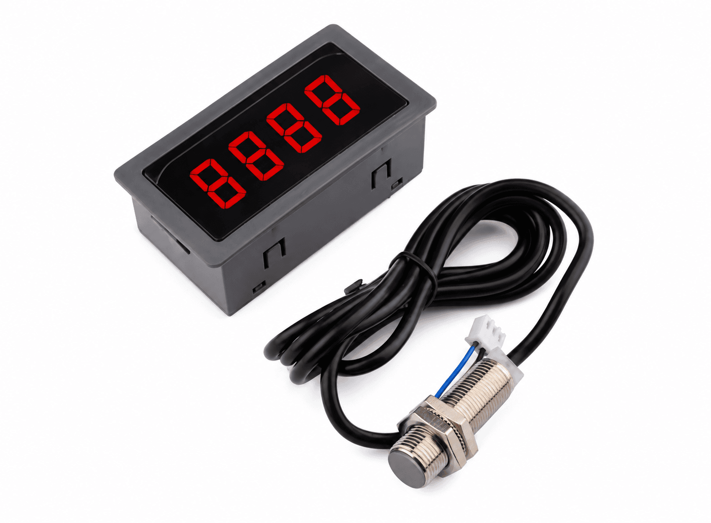 تاكوميتر ومقياس سرعة دوران رقمي بـ 4 أرقام LED طراز XQ0056-04 مع حساس Hall NPN | Tachometer RPM Speed Meter