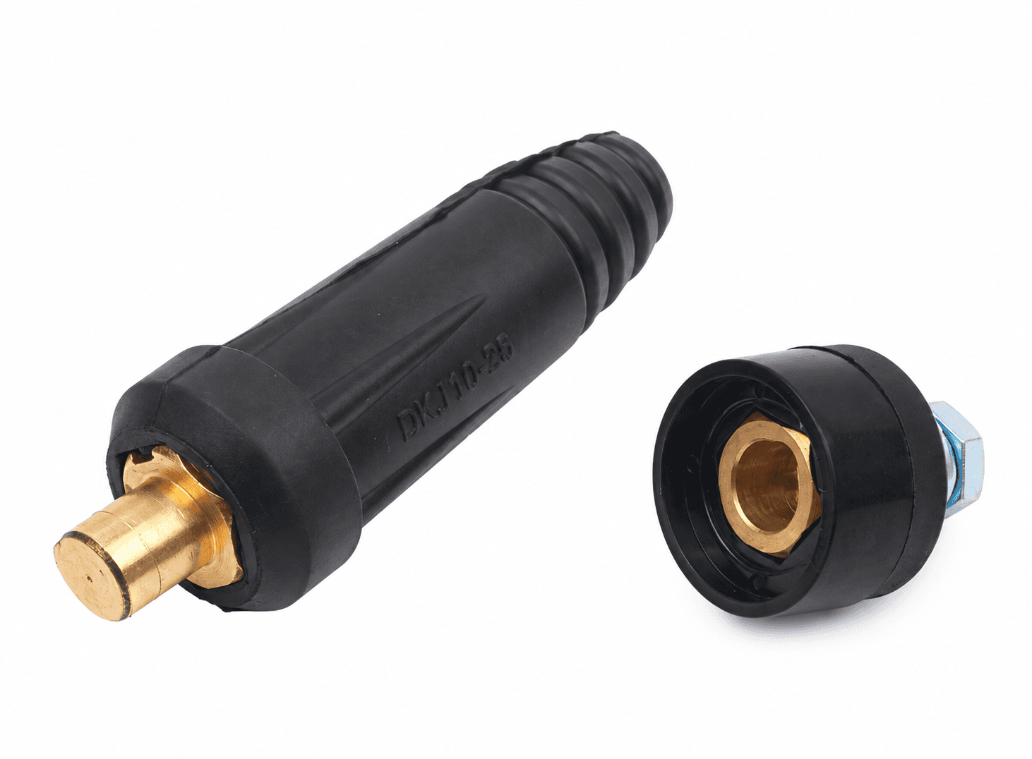كونكتر لحام سريع DKJ 10-25 ذكر مع قاعدة تيار عالٍ لون أسود | DKJ 10-25 Quick-Fitting Welding Cable Connector, Male Plug with Panel Socket, Black