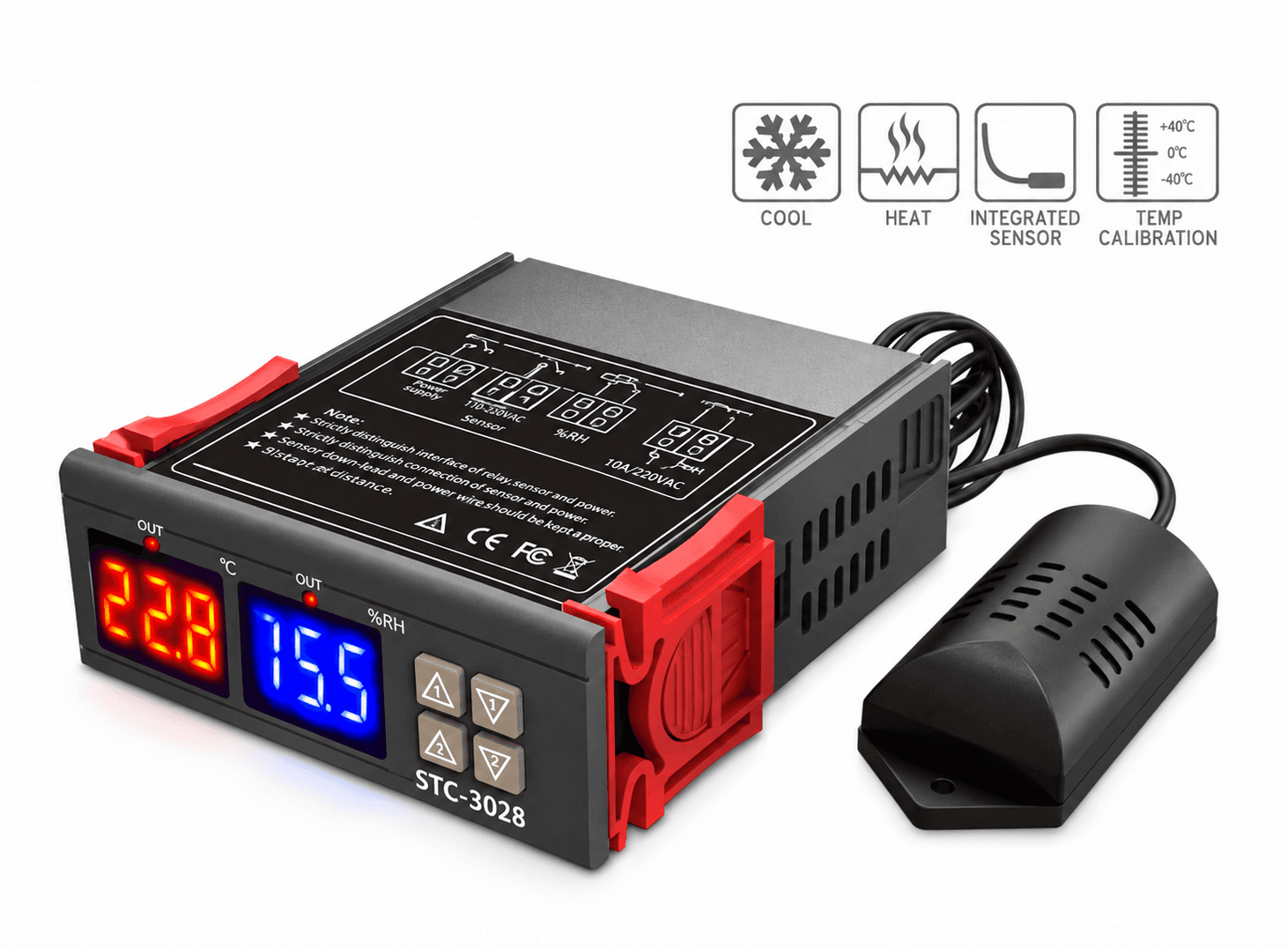 منظّم حرارة ورطوبة رقمي مزدوج موديل STC-3028 بفولتية 12 فولت وتيار 10 أمبير | STC-3028 Dual Digital Temperature & Humidity Thermostat Controller, 12V 10A