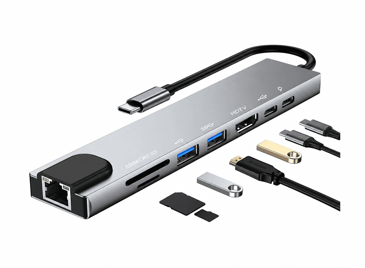هب USB C معدد المنافذ 8 في 1 مع منفذ 4K HD و RJ45 و USB 3.0 وقارئ بطاقات SD TF | USB C Hub