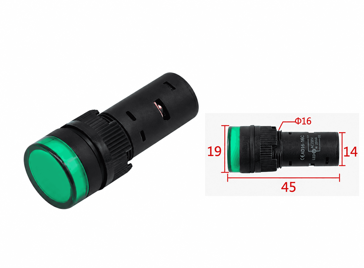 لمبة مؤشر ليد AD16-16C بقطر 16mm تعمل على 220V لون أخضر | AD16-16C 16mm 220V LED Indicator Light, Green
