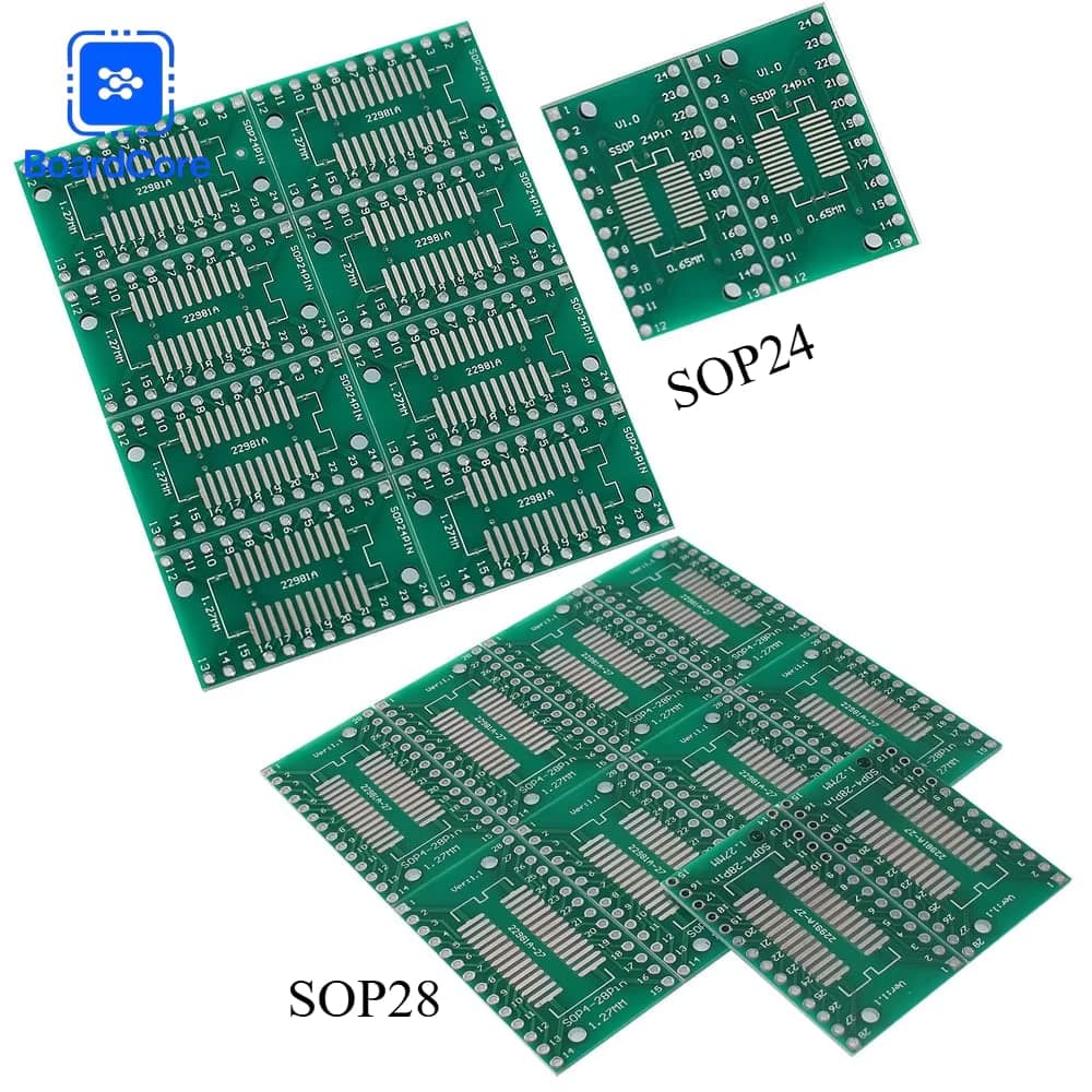 لوحة تحويل SOP28 إلى DIP28 للشرائح السطحية بخطوة 0.65mm و1.27mm | SOP28 To DIP28 SMD IC Adapter PCB Converter Board (0.65mm / 1.27mm)