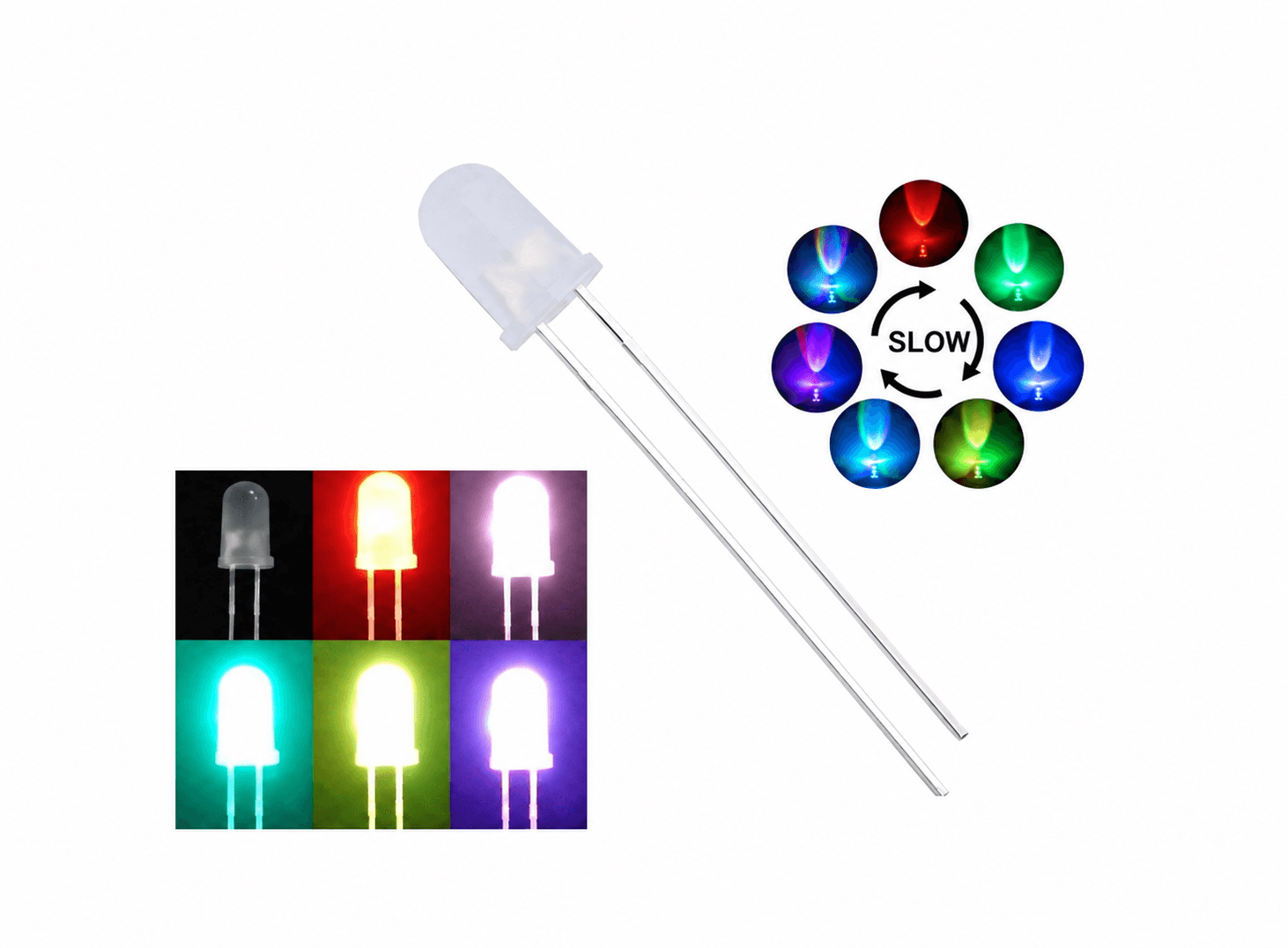 ليد LED وامض بطيء متعدد الألوان RGB قياس 5mm بطرفين | 5mm RGB Slow-Flashing LED, Auto Colour-Cycling Red/Green/Blue