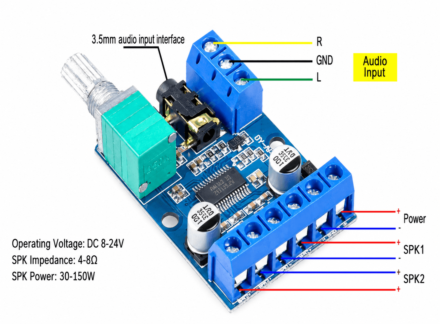 لوحة مكبر صوت رقمي ستيريو عالي القدرة صنف D ثنائية القناة 30W X 2 بجهد DC 8-24V طراز X13442 #L9 | Digital Amplifier Board