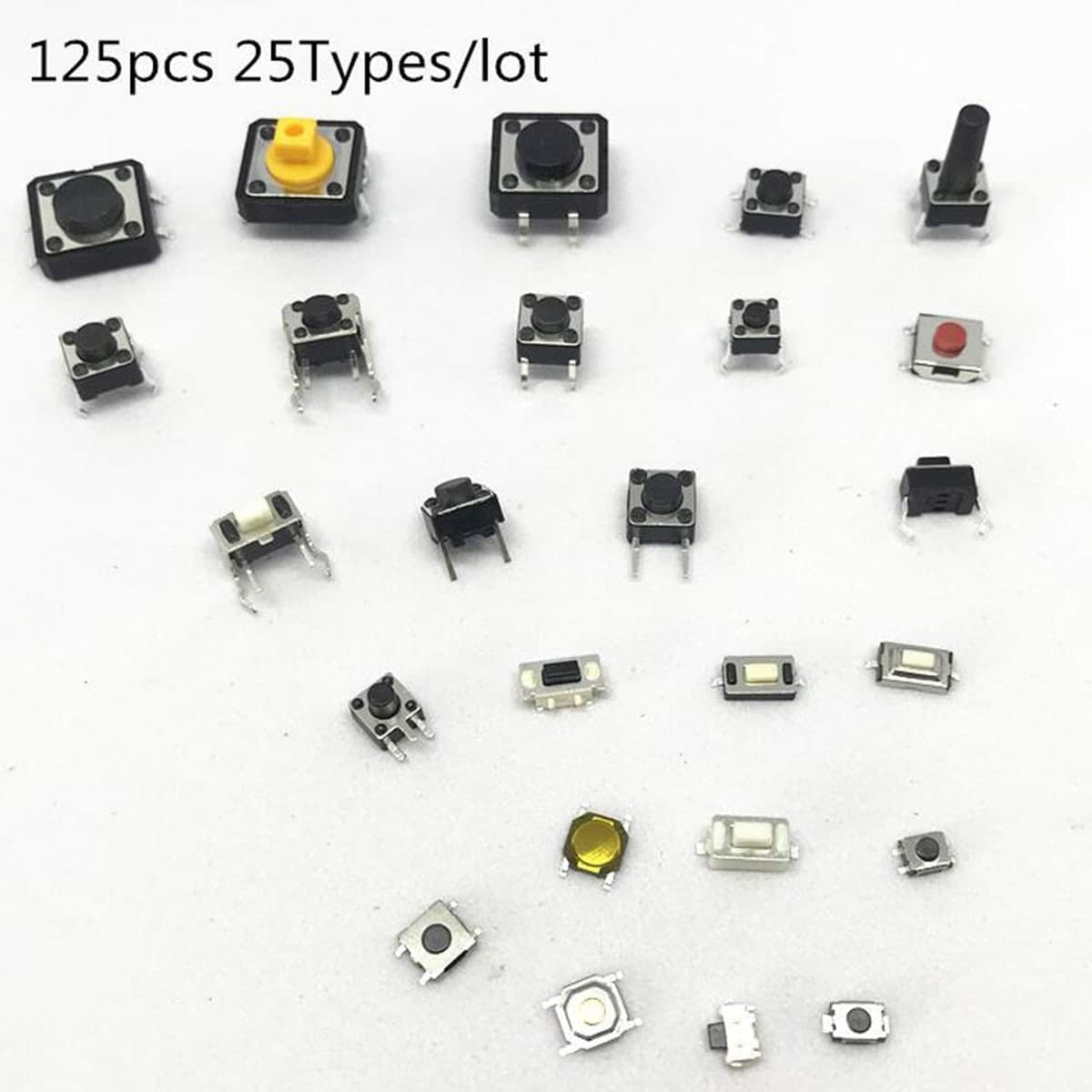 كت مفاتيح ضغط لحظية Tact Switch بعشرة قياسات مختلفة 180 قطعة | Tactile Push Button Switch Assortment Kit, 10 Sizes, 180 pcs
