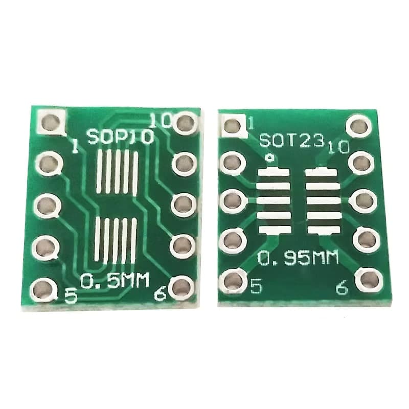 لوحة تحويل SOT23 وSOP10 وMSOP10 إلى DIP10 بخطوة 0.5-0.95mm إلى 2.54mm | SOT23 / SOP10 / MSOP10 To DIP10 SMD Adapter PCB (0.5-0.95mm To 2.54mm)