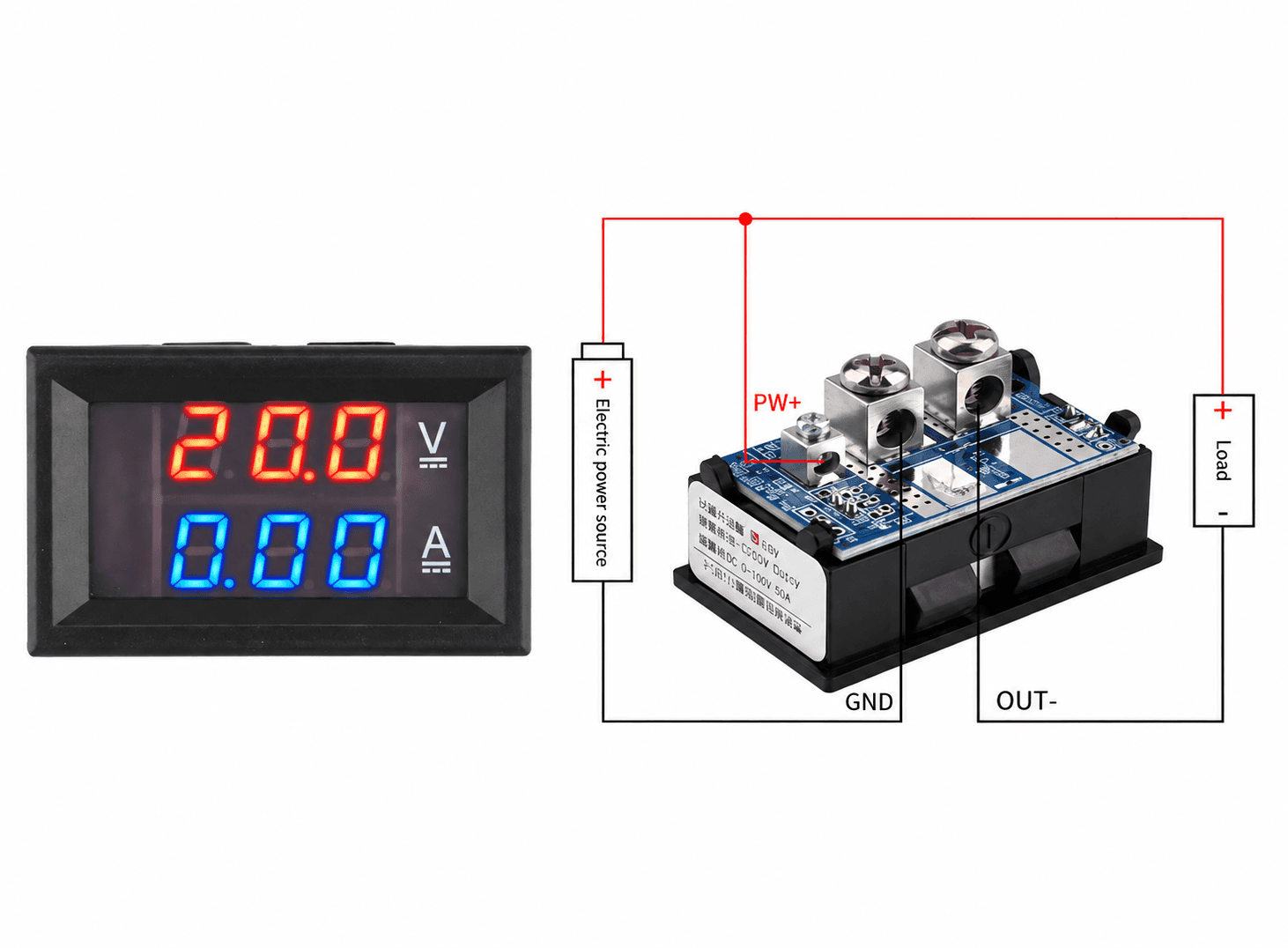 عداد لوحي رقمي مزدوج للفولتية والتيار المستمر 7-100V و50A بشانت مدمج | 0.28 inch Dual LED Digital Voltmeter Ammeter DC 7-100V 50A with Built-in Shunt