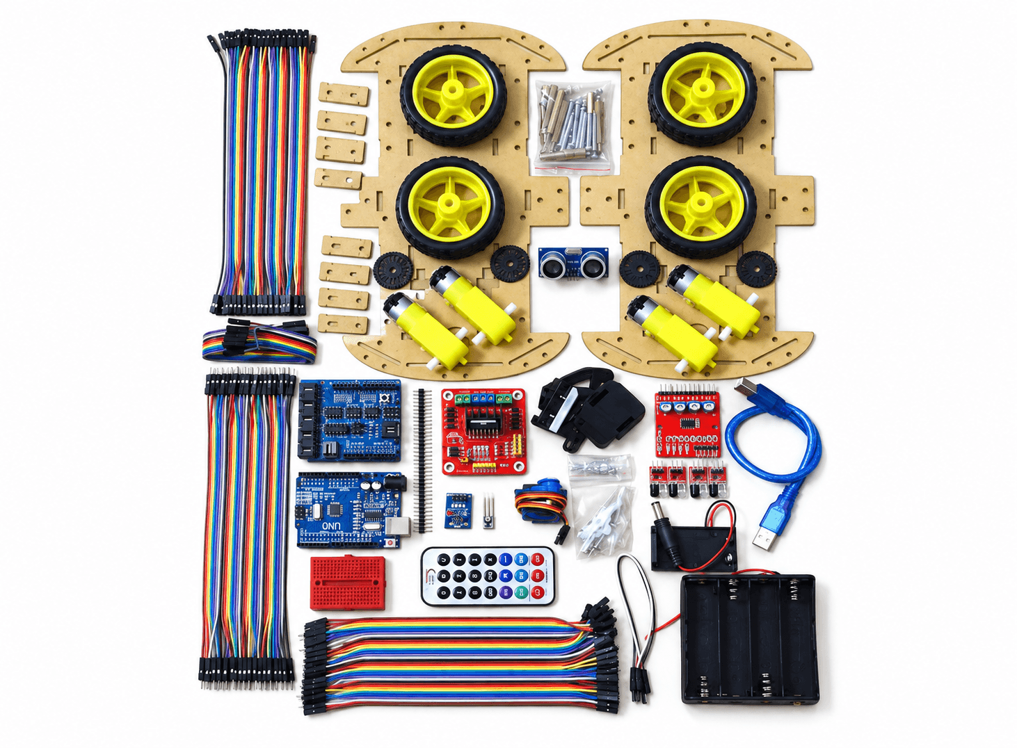 طقم سيارة روبوت ذكية 4WD مع متحكم UNO R3 ومستشعر بالموجات فوق الصوتية وتحكم عن بعد | Smart Robot Car Kit