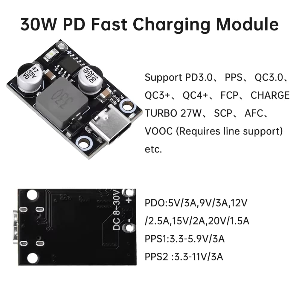 وحدة شحن سريع مزدوجة USB و Type-C بقدرة 30W لكل منفذ من دخل 7.1-32V | QC3.0 QC2.0 Dual USB Type-C Quick Charge Step-Down Module, DC 7.1V-32V 3A 30W