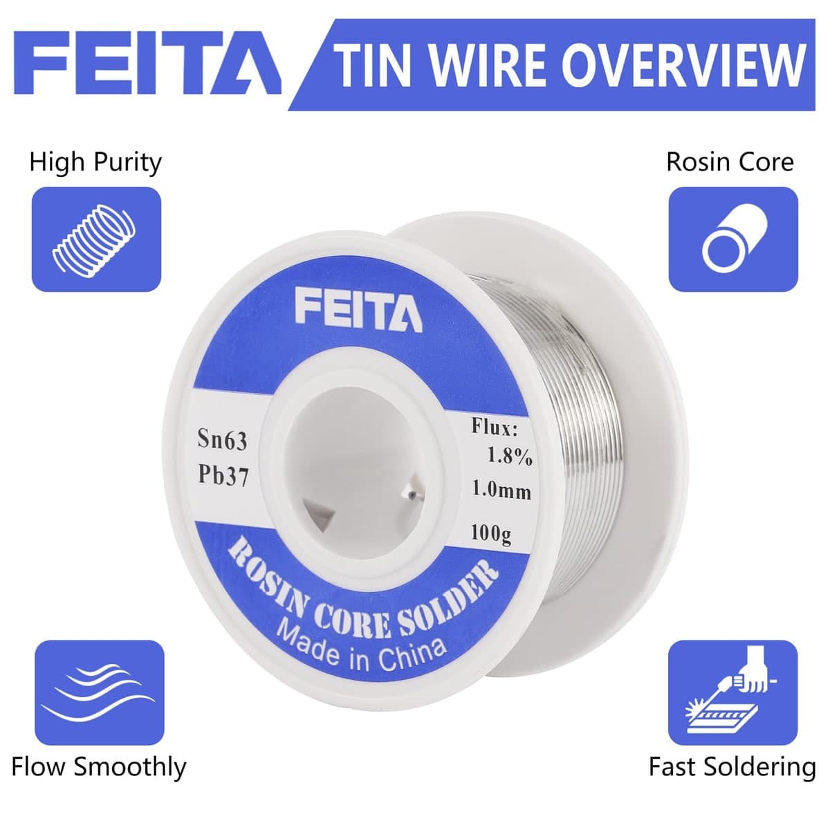 سلك لحام قصدير Sn63/Pb37 بقطر 1 ملم ووزن 250 غرام بقلب راتنجي | Sn63/Pb37 Rosin-Activated Cored Solder Wire, 1.0mm, 250g