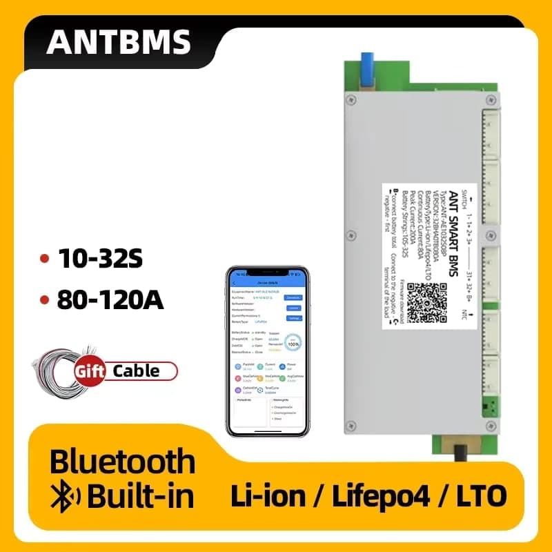 لوحة حماية ذكية ANT Smart BMS من 10S إلى 32S بتيار 80A وذروة 200A مع بلوتوث | ANT Smart BMS 10S-32S 80A (200A Peak) for Li-ion, LiFePO4 and LTO