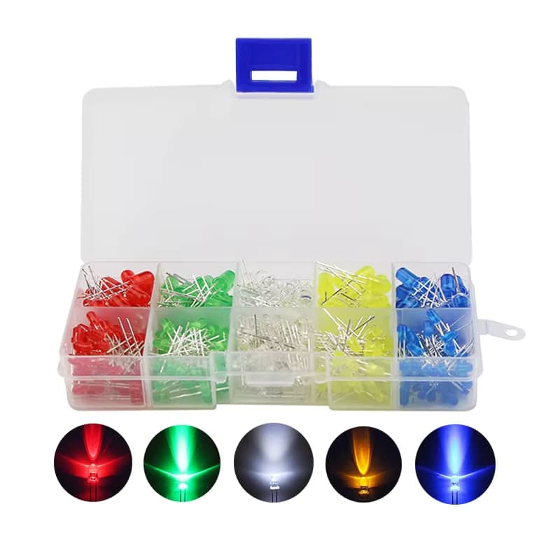 كت ليد LED قياس 5mm عبوة 100 قطعة بخمسة ألوان في علبة تقسيم | 5mm LED Assortment Kit, 100 Pcs, 5 Colours, Storage Box
