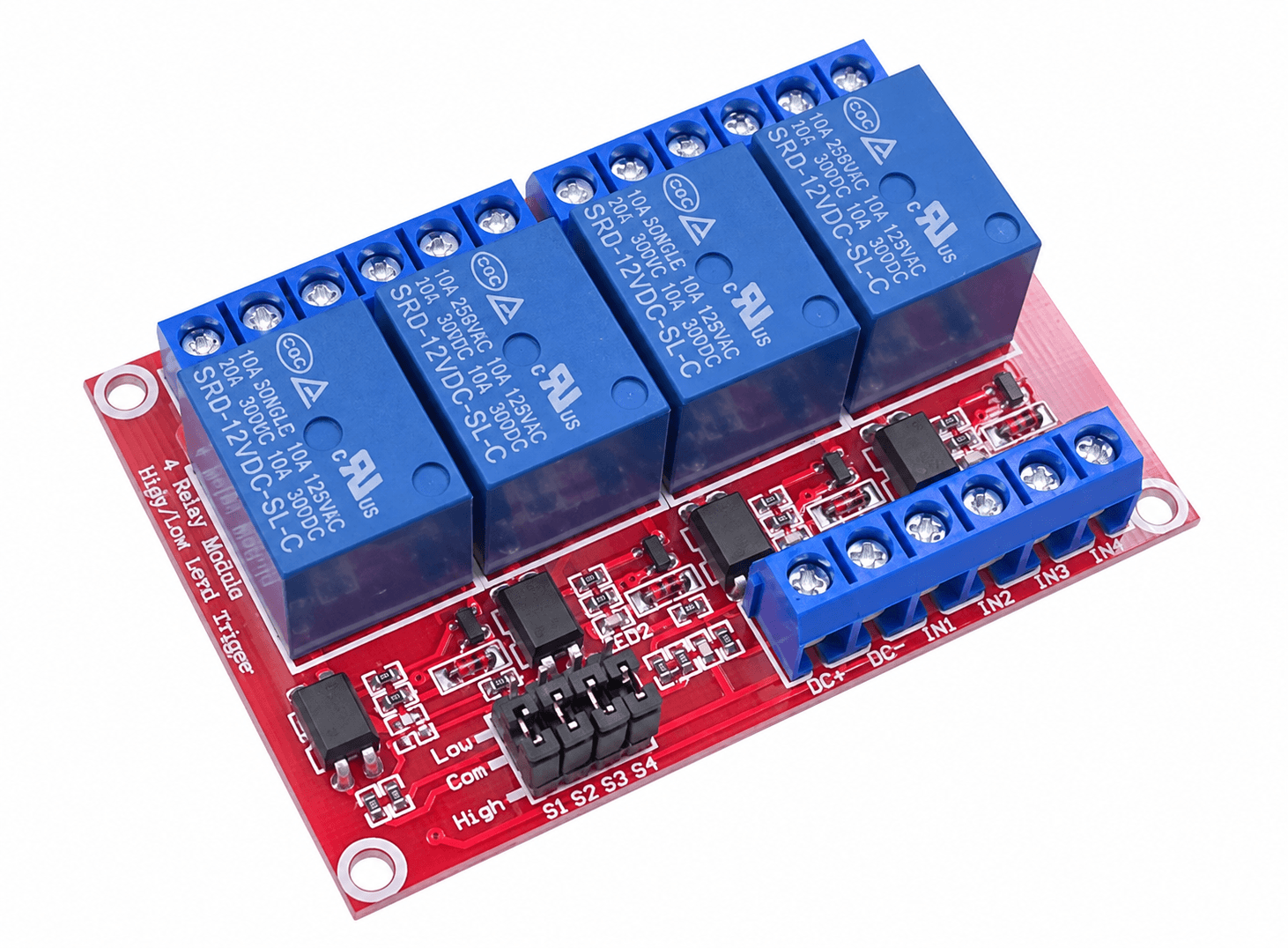 مقطم ريلاي 4 قناة 12V مع أوبتوكوبلر يدعم المشغلات العالية والمنخفضة | 4 Channel Relay Module