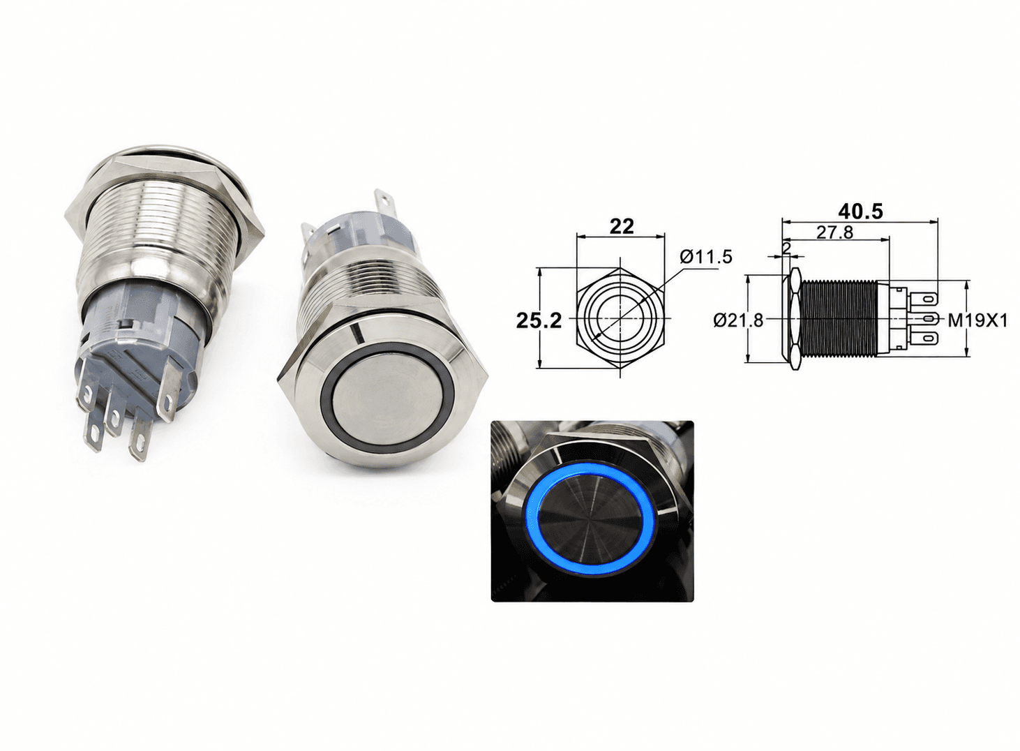 مفتاح ضغط معدني مقاوم للماء 19mm مع إضاءة LED أزرق 250V 5A | Metal Push Button Switch