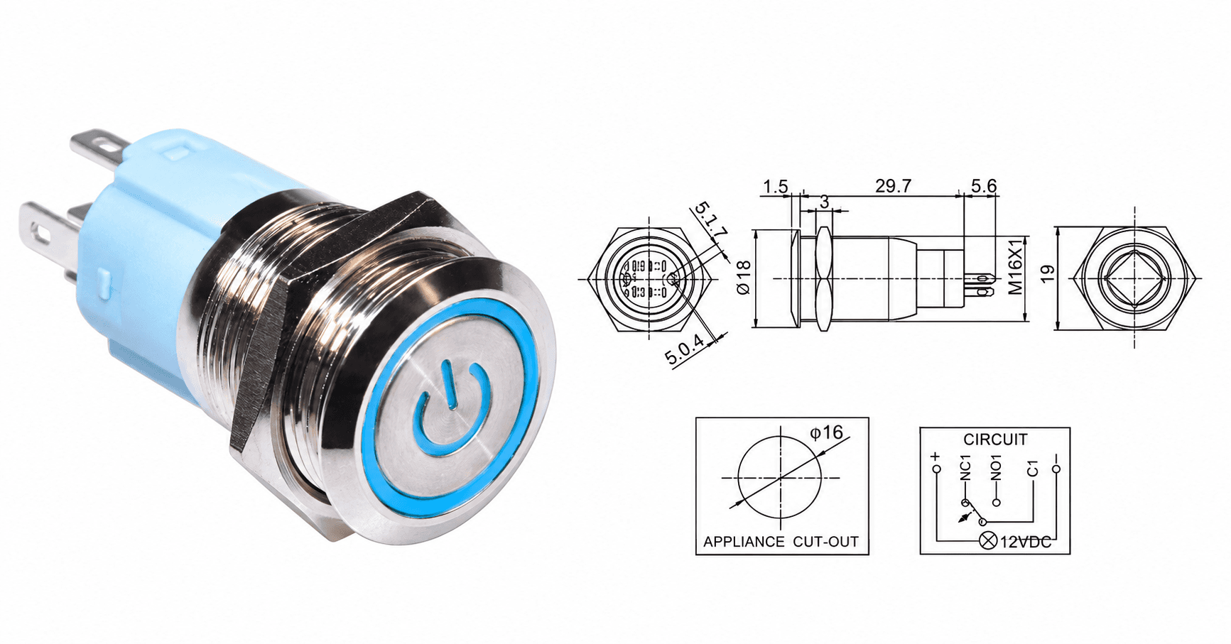 مفتاح ضغط زر أزرق AC 250V 5A 16MM قفل ذاتي | Push Button Switch