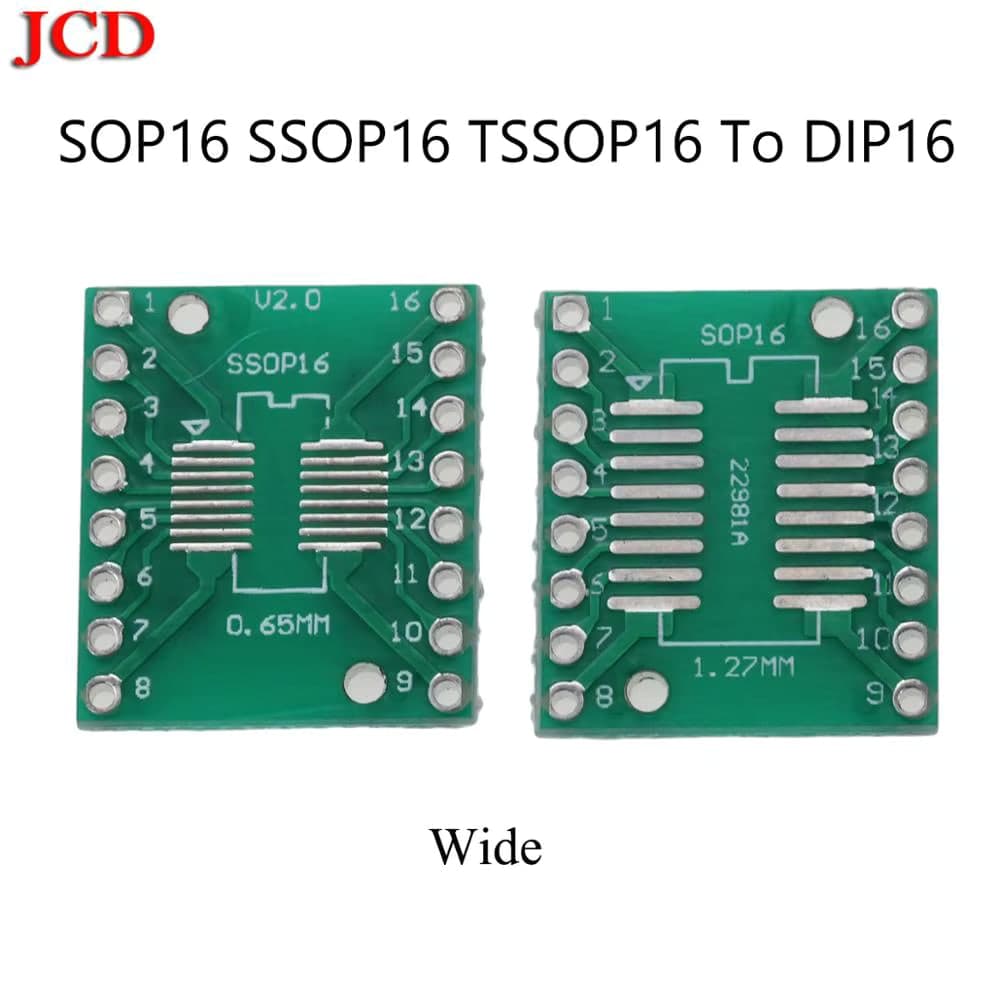 لوحة تحويل SOP16 إلى DIP16 من SMD إلى DIP بخطوة 0.65mm و1.27mm | SOP16 to DIP16 SMD-to-DIP Adapter Plate PCB, 0.65mm / 1.27mm Pitch
