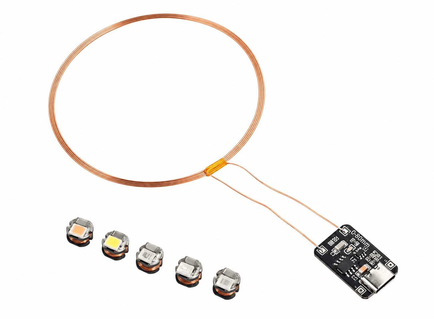 وحدة ملف مرسل إمداد طاقة لاسلكي بالحث 0-80 مم + 5 مصابيح LED | 0~80mm Induction Wireless Power Supply Transmitter Coil Module + 5PCS Led Lamp