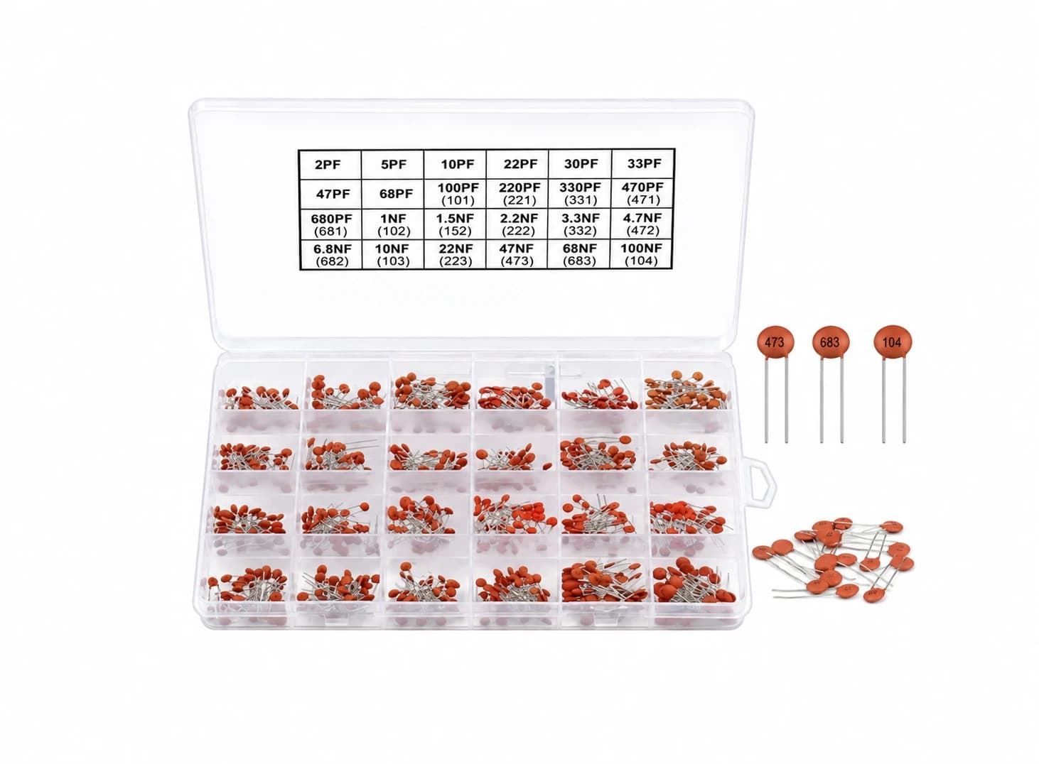 طقم مكثفات سيراميكية 960 قطعة من 2pF إلى 100nF بـ 24 قيمة | 960PCS 2PF- 100NF Ceramic Capacitor Kit