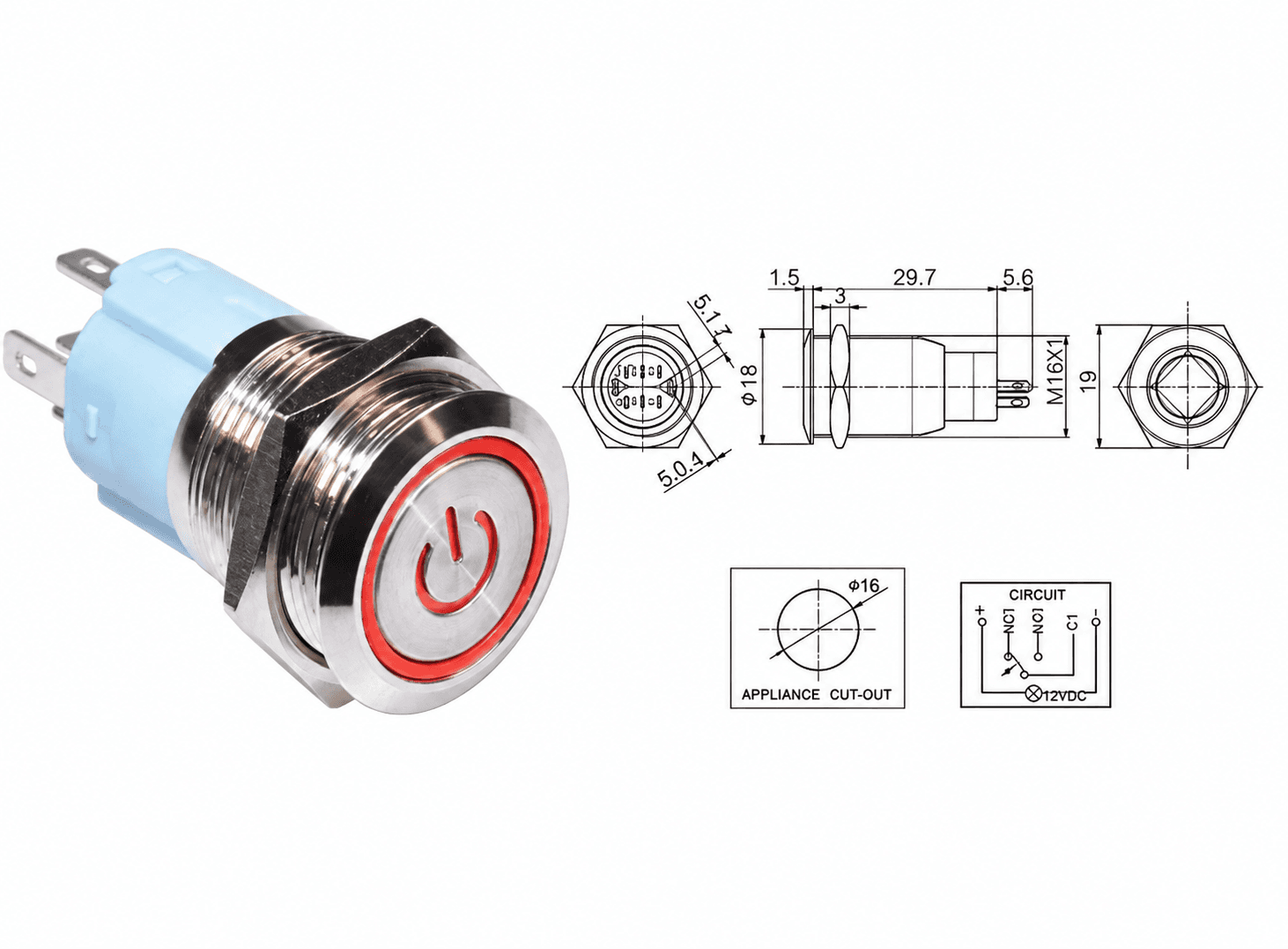 مفتاح ضغط أحمر بقفل ذاتي 16 ملم 250 فولت 5 أمبير | AC 250V 5A 16MM Push Button Switch Self-locking Red