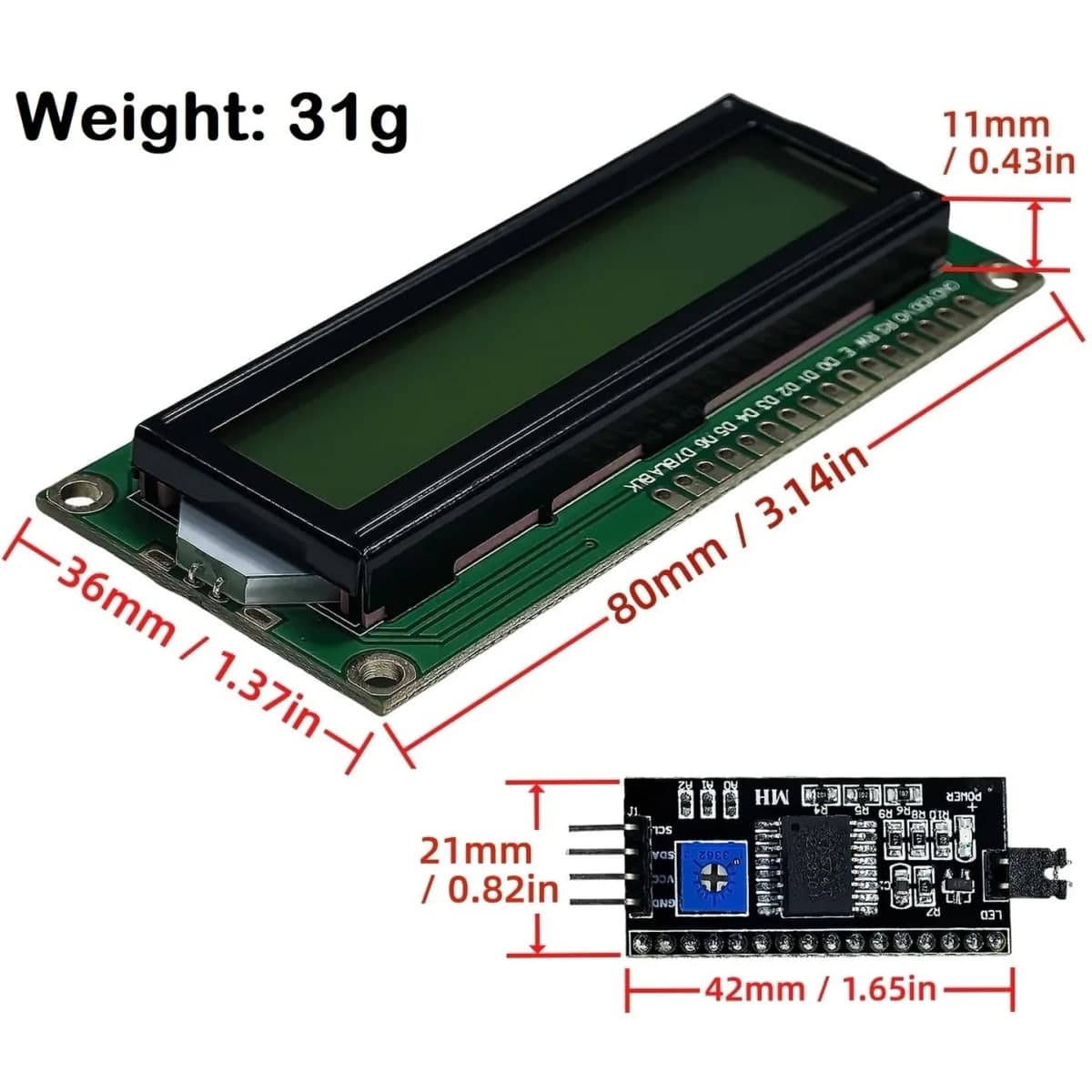 شاشة LCD1602 مع لوحة تحويل I2C بخلفية خضراء | LCD1602 with I2C Module, Green Screen