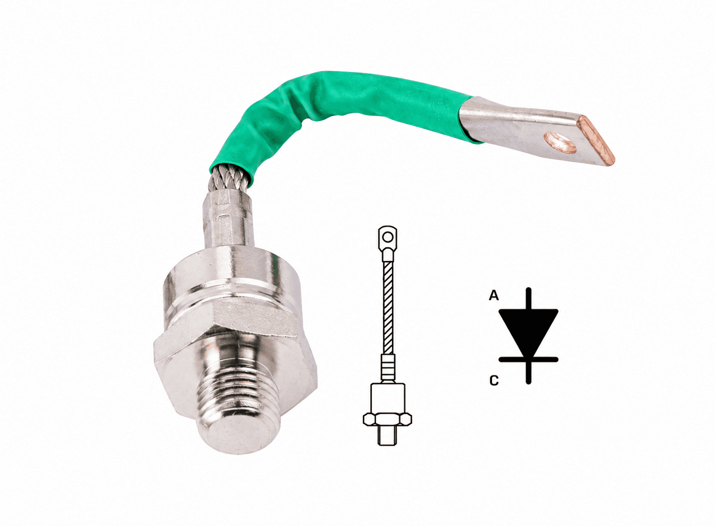 دايود توحيد ZP300A بتيار 300A وفولتية 800V برغي أخضر قطبية عكسية | ZP300A Stud Mount Rectifier Diode 300A 800V DO-9, Reverse Polarity
