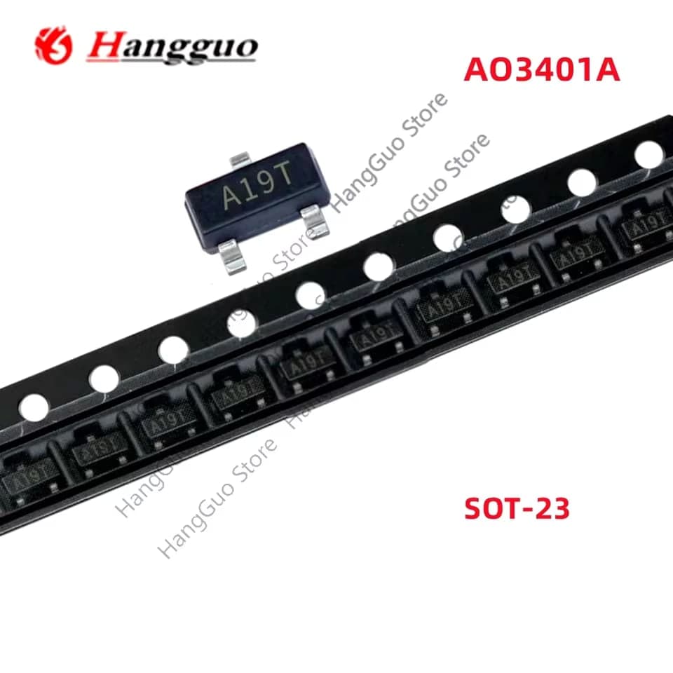 ترانزستور MOSFET قناة P موديل AO3401A بفولتية 30 فولت وتيار 4 أمبير | AO3401A P-Channel MOSFET, 30V 4A, SOT-23 (Marking A19T)