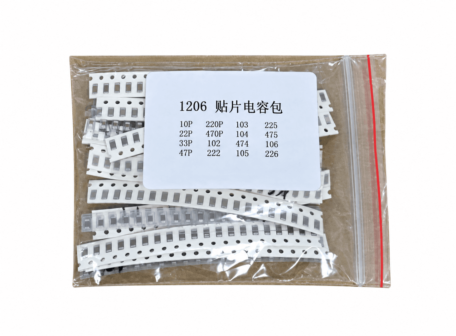 طقم مكثفات سطحية 1206 بـ 320 قطعة على 16 قيمة من 10pF حتى 22µF | 1206 SMD Capacitor Assorted Kit, 16 Values x 20 Pcs = 320 Pcs, 10pF-22uF