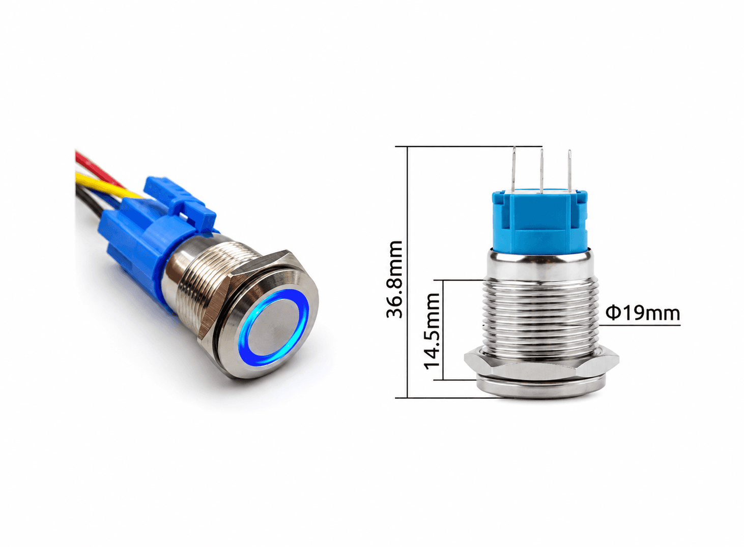 مفتاح ضغط مقاوم للماء IP68 مقاس 19MM 12V من الستانلس ستيل مع سلك توصيل أزرق #B7 X52103LA | Waterproof Push Button Switch
