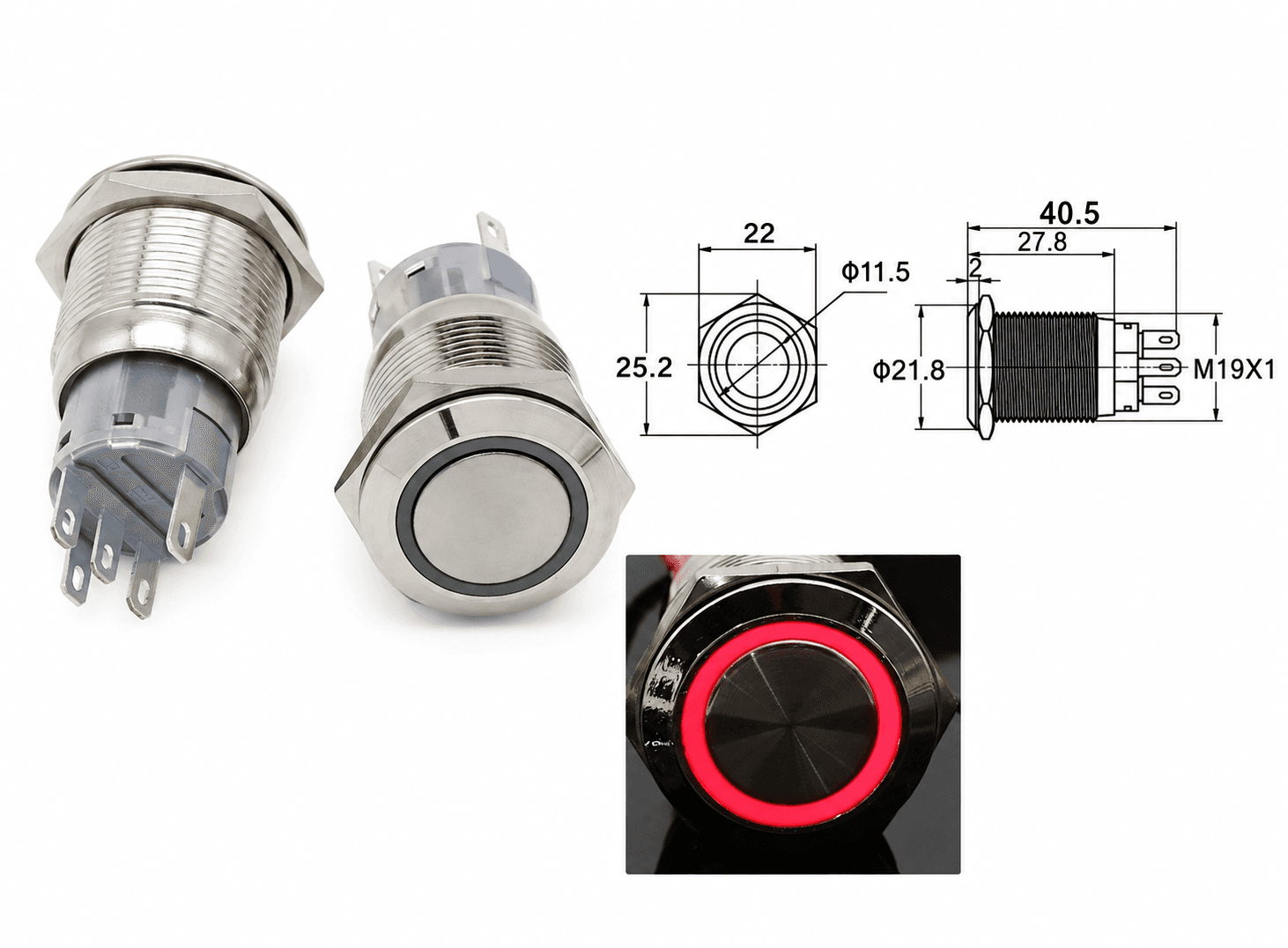 مفتاح ضغط معدني مقاوم للماء 19mm مع إضاءة LED أحمر 250V 5A | Metal Push Button Switch