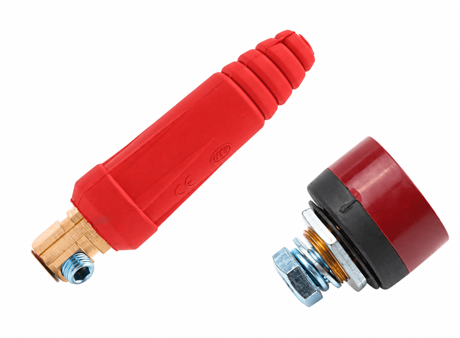 كونكتر لحام سريع DKJ 10-25 ذكر مع قاعدة تيار عالٍ لون أحمر | DKJ 10-25 Quick-Fitting Welding Cable Connector, Male Plug with Panel Socket, Red